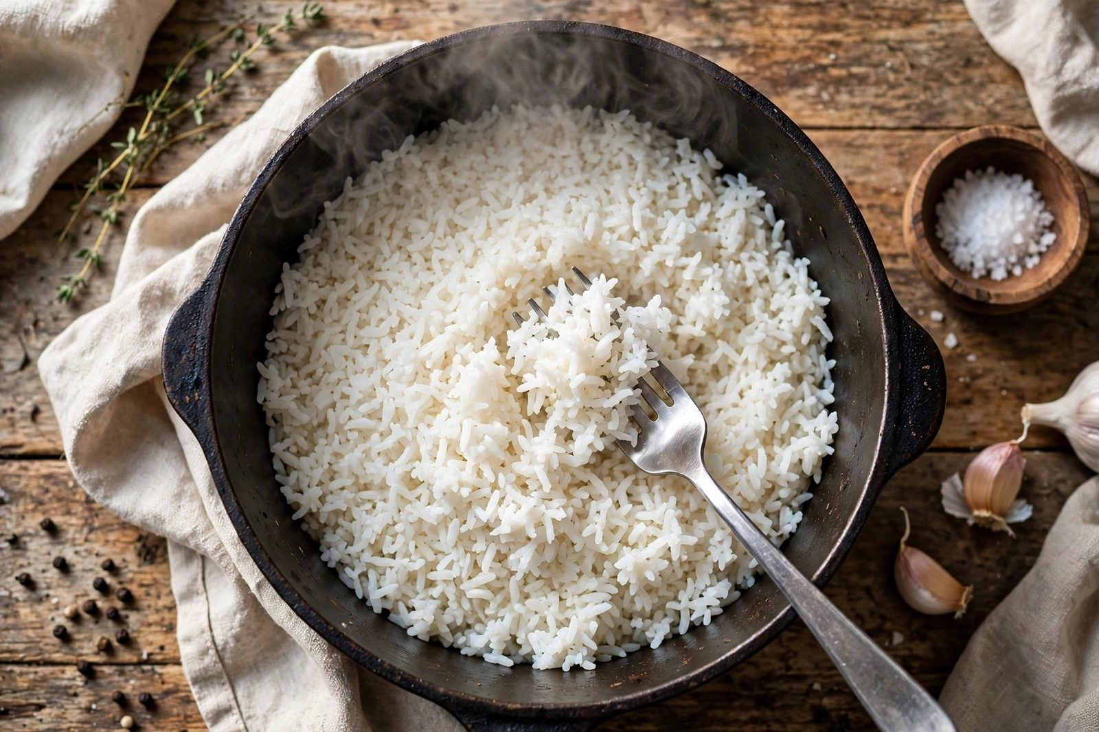 Steaming jasmine rice being fluffed with a fork