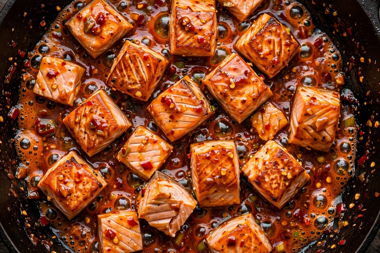 Seared salmon cubes tossed in glossy firecracker sauce in a skillet