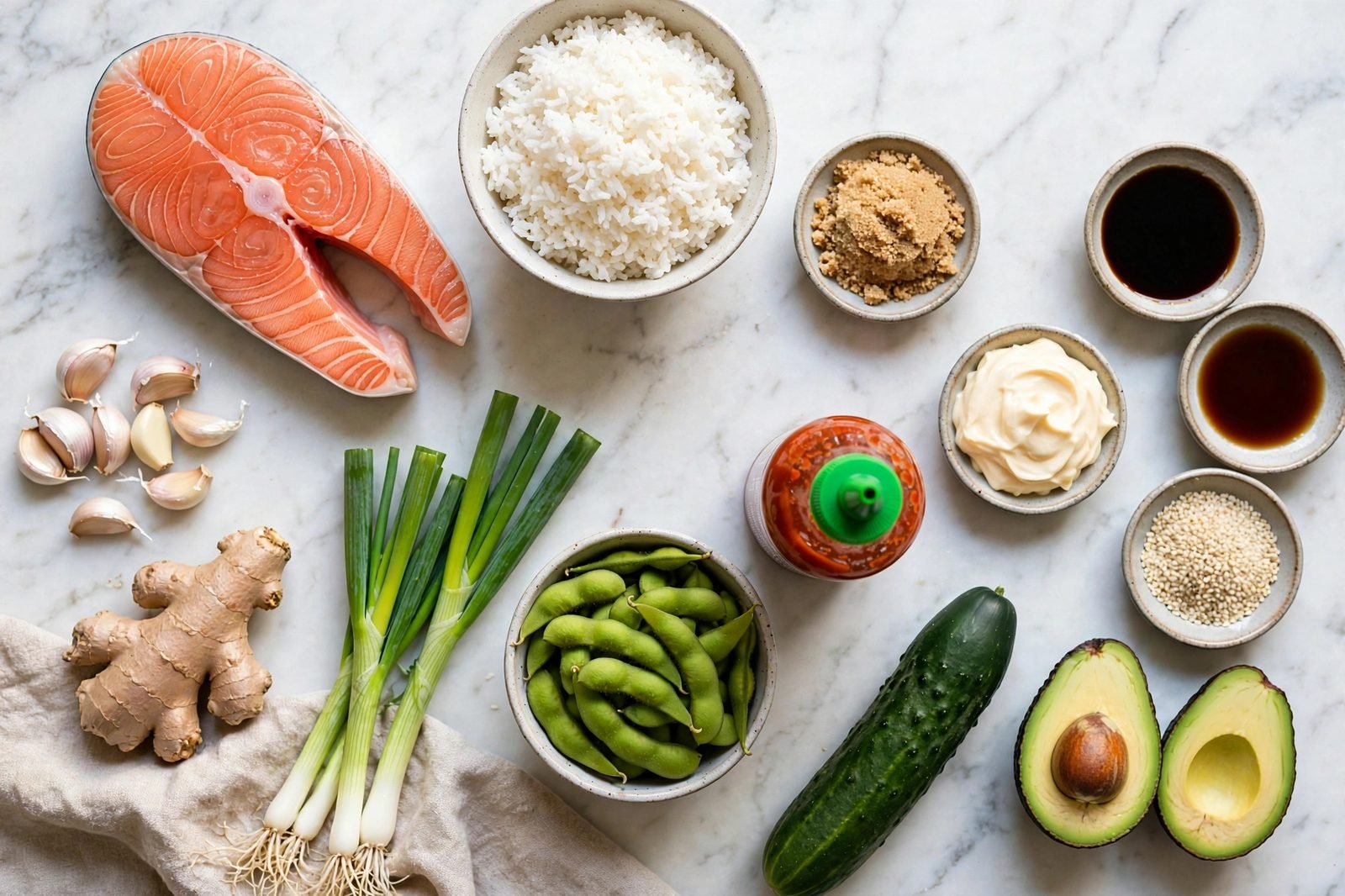 Ingredients for firecracker salmon bowls arranged on a kitchen counter