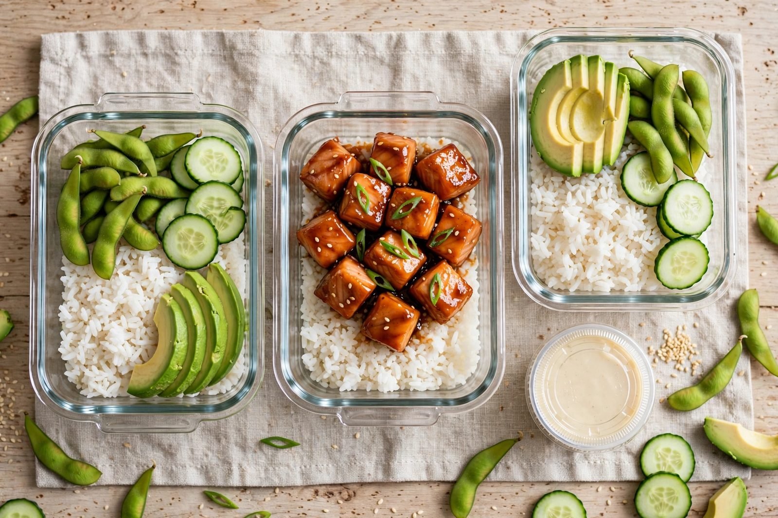 Glass meal-prep containers filled with firecracker salmon and rice