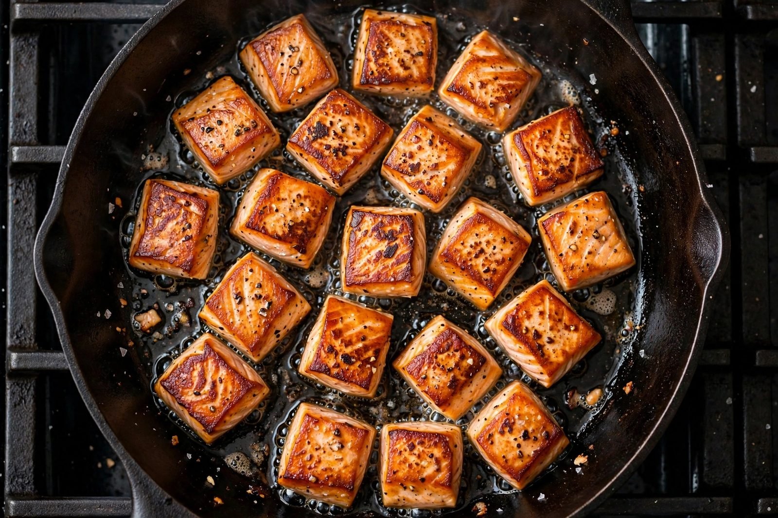 Salmon cubes searing golden in a single layer in a skillet