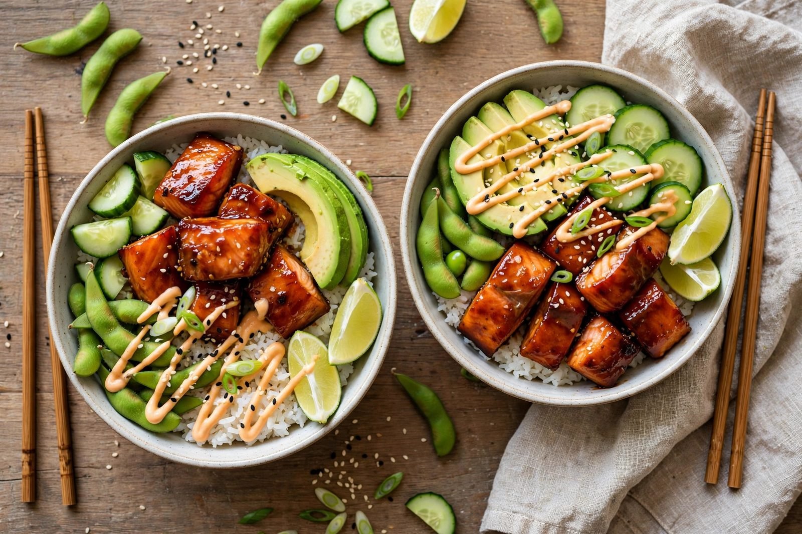 Two finished firecracker salmon bowls with lime wedges