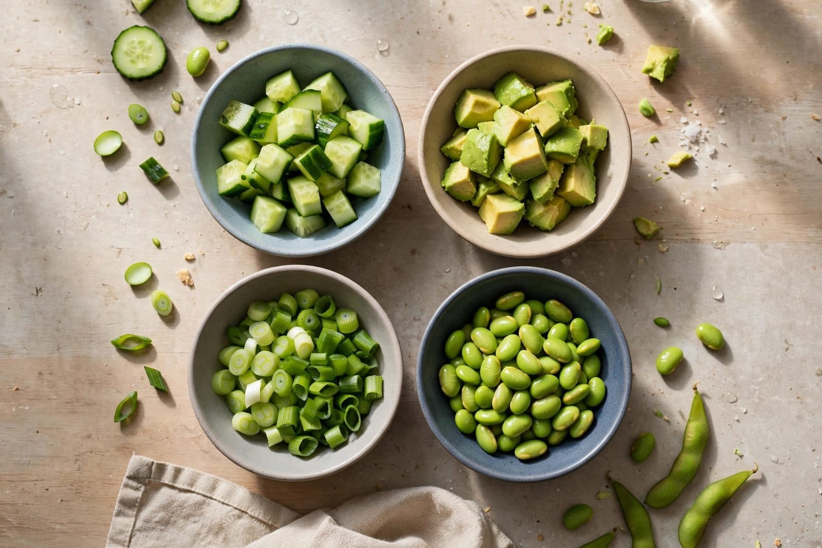 Diced cucumber, avocado, scallions, and edamame in small prep bowls
