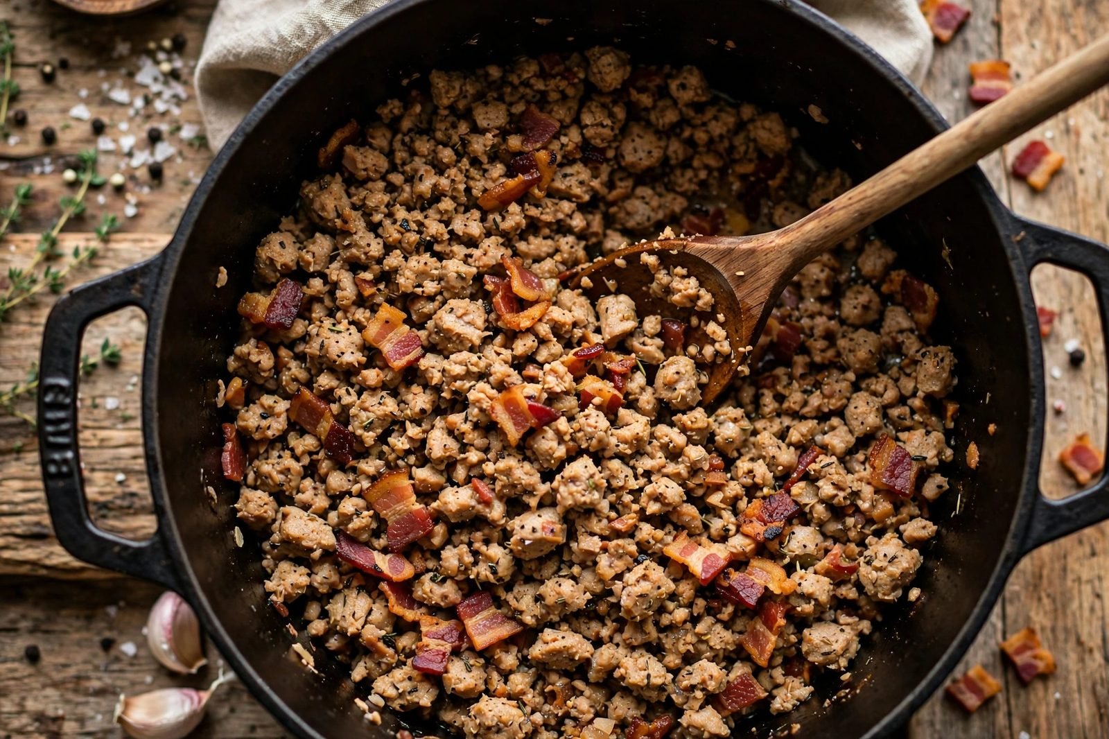 Ground turkey crumbles browning in a soup pot