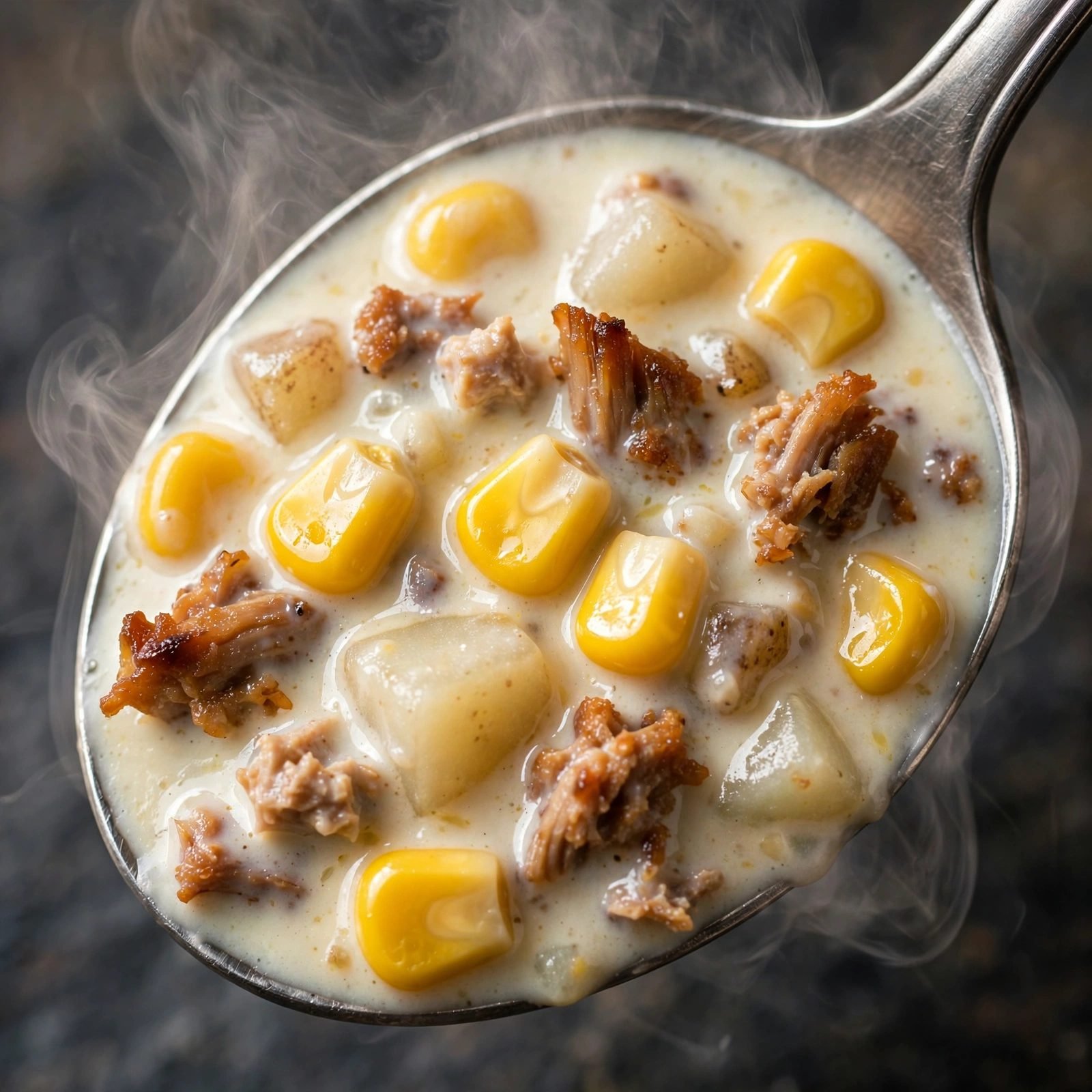 Close-up spoonful of thick turkey corn chowder showing corn, potato, and turkey