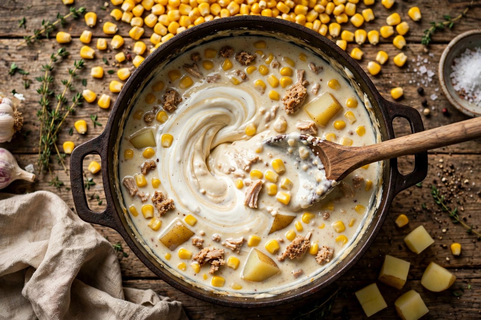 Corn kernels and half-and-half being stirred into the chowder