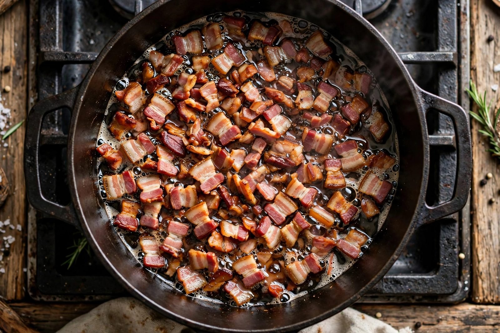 Chopped bacon crisping in a large soup pot