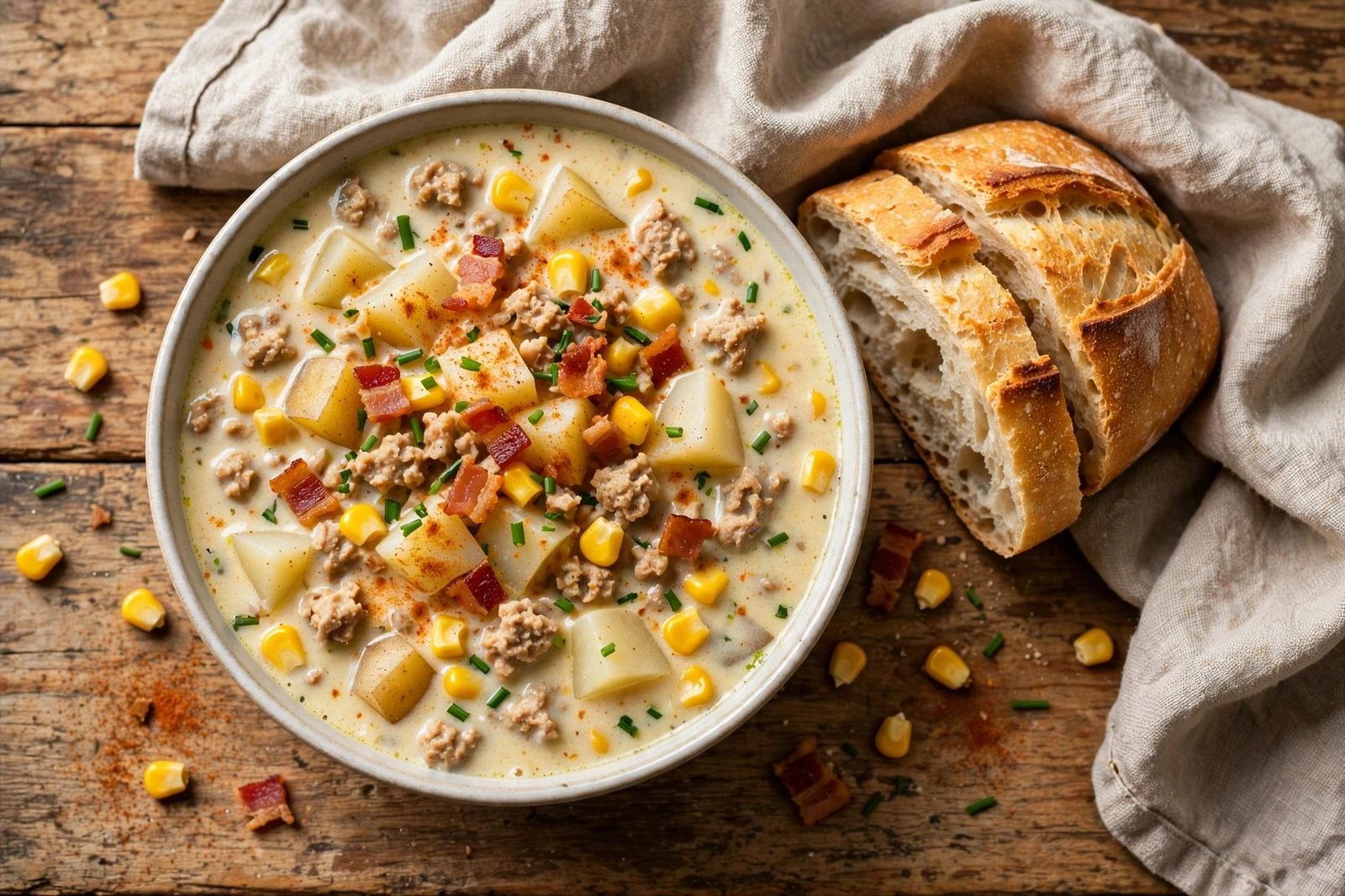 Bowl of creamy turkey and corn chowder topped with bacon crumbles, chives, and smoked paprika