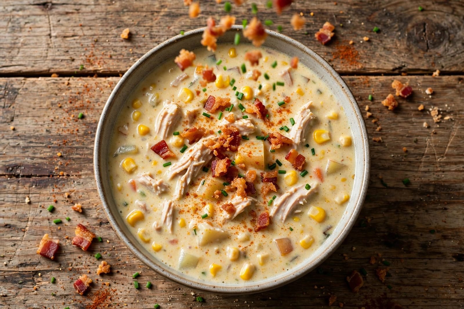 Bacon crumbles and chives being sprinkled over a bowl of chowder