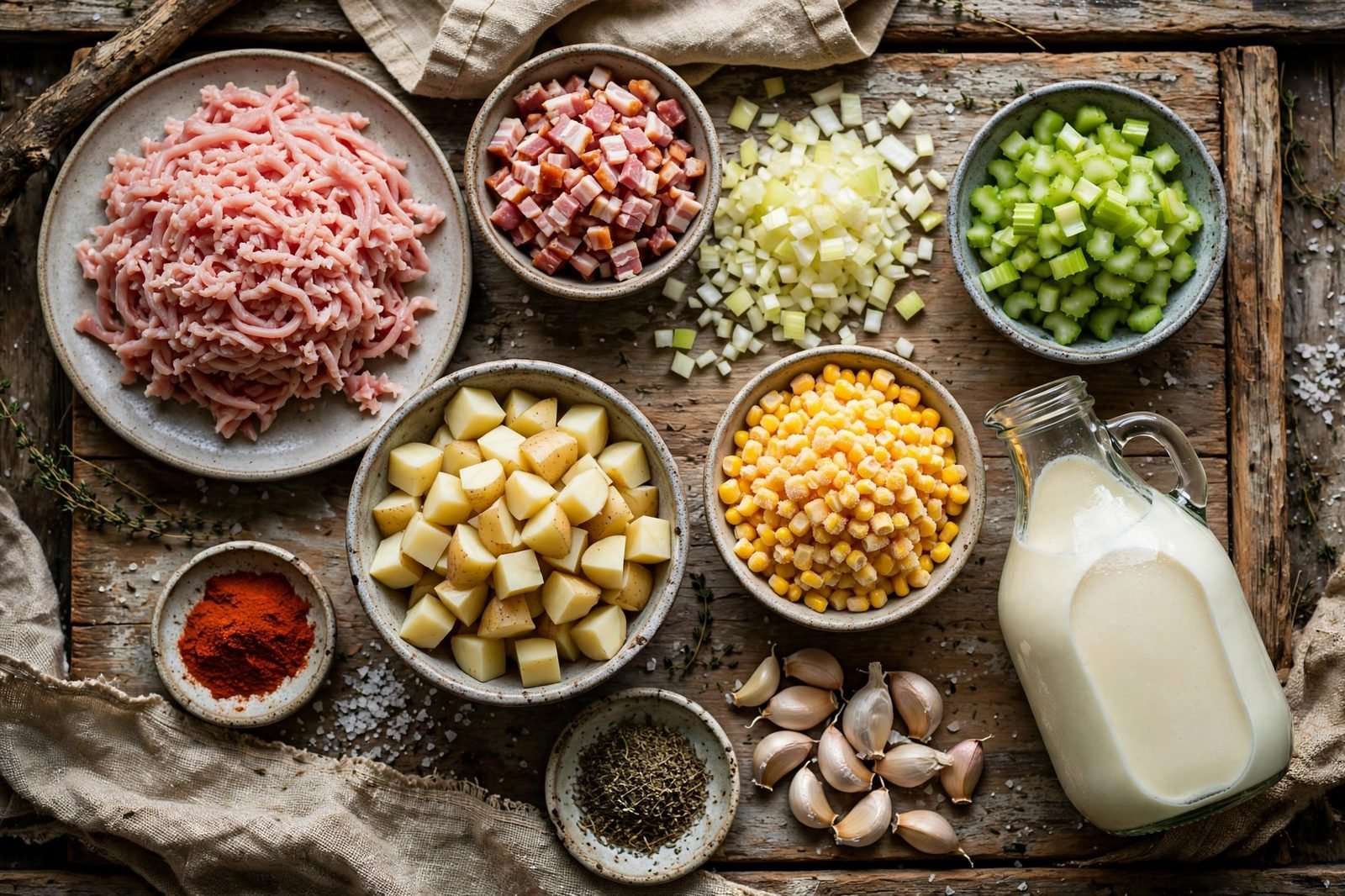 Ingredients for turkey corn chowder arranged on a kitchen counter