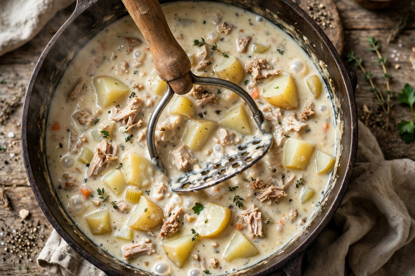 A potato masher partially mashing potatoes in the simmering chowder