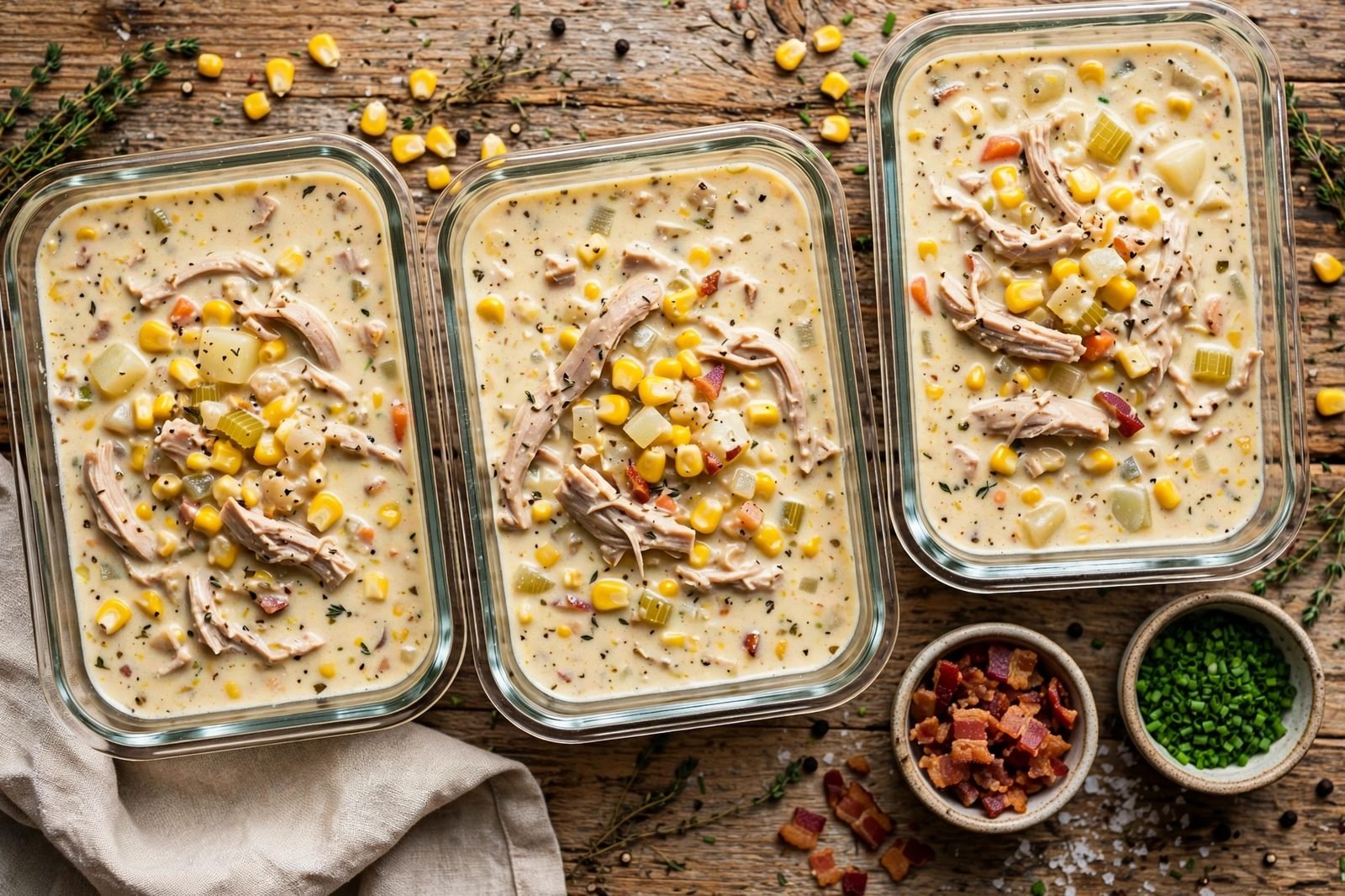 Glass meal-prep containers filled with turkey corn chowder