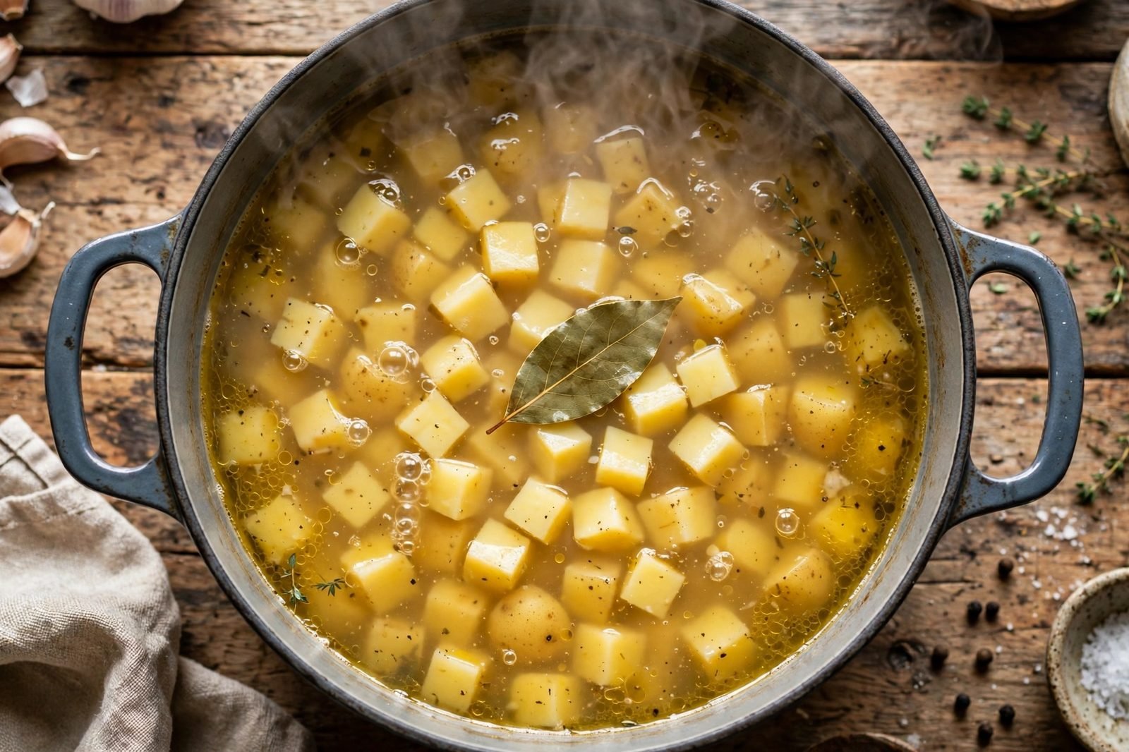 Small-diced potatoes simmering in chicken broth in a soup pot