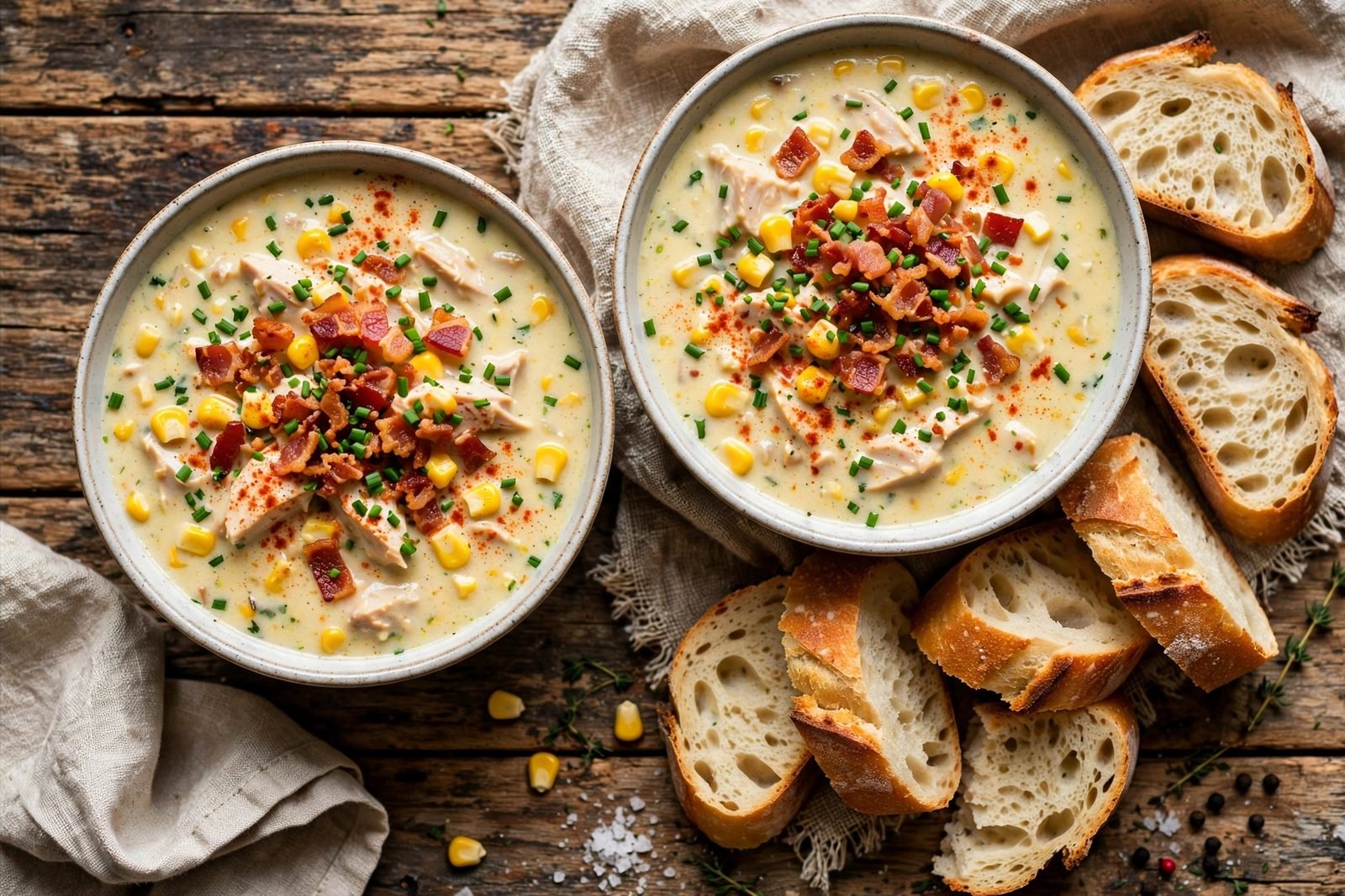 Two bowls of turkey corn chowder with crusty bread, bacon, and chives