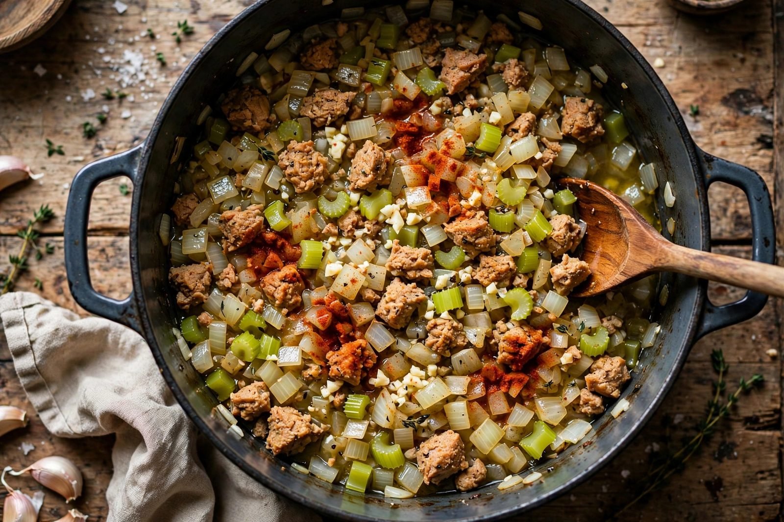 Onion and celery softening in a soup pot with garlic and spices