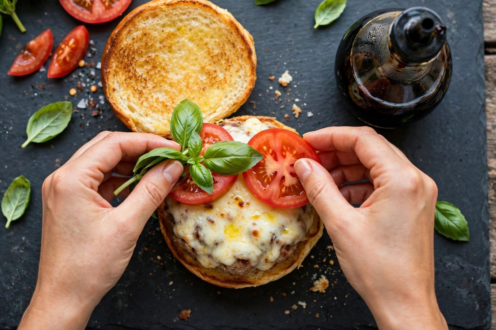 Assembling a Caprese turkey burger with tomato and basil