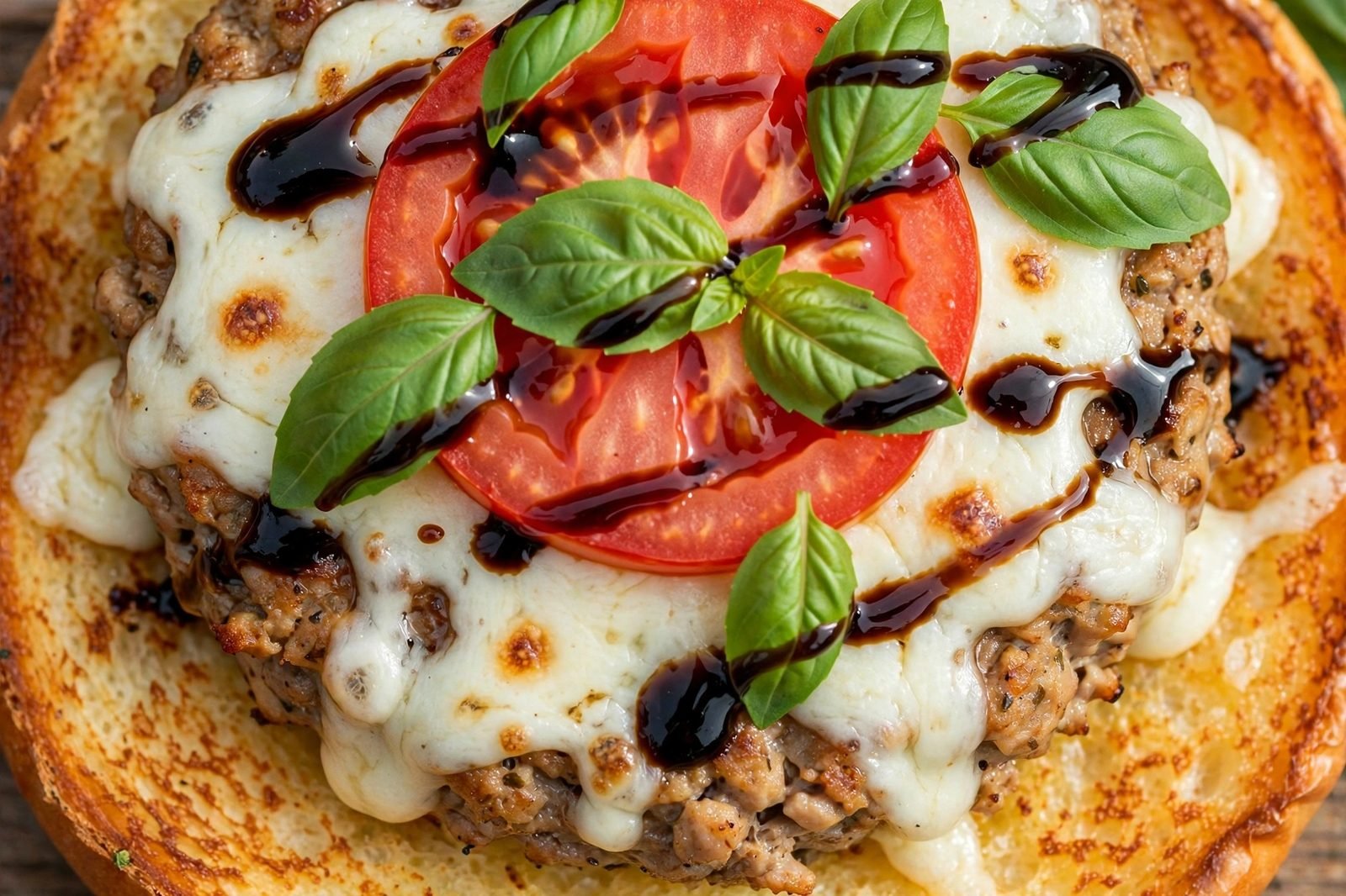 Close-up of a Caprese turkey burger with melted mozzarella, basil, and balsamic glaze