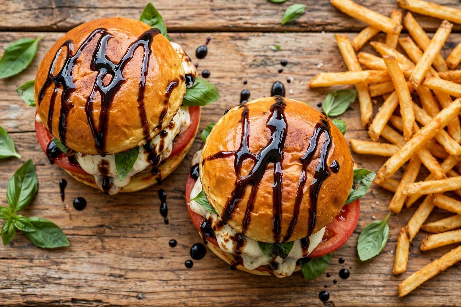 Two Caprese turkey burgers with melted mozzarella, tomato, basil, and balsamic glaze on brioche buns