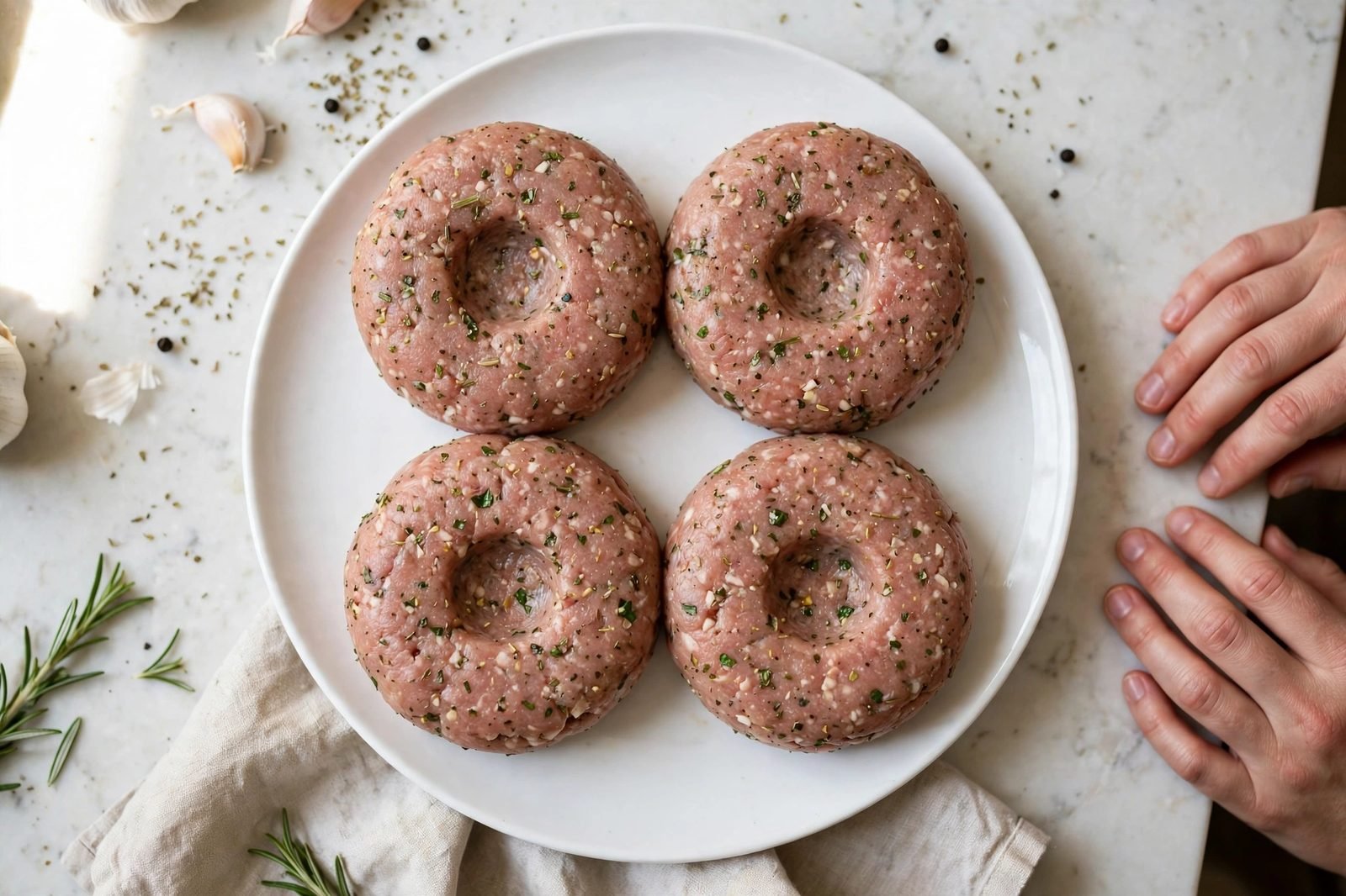Four raw Italian-seasoned turkey patties on a plate