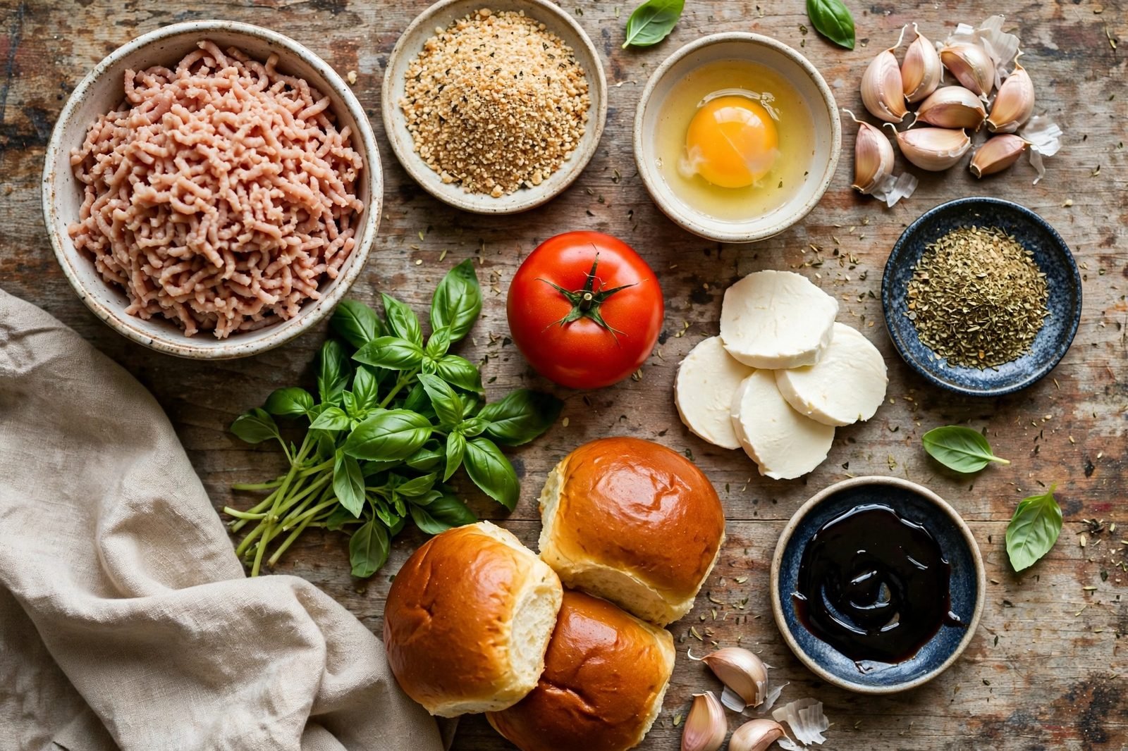 Ingredients for Caprese turkey burgers arranged on a kitchen counter