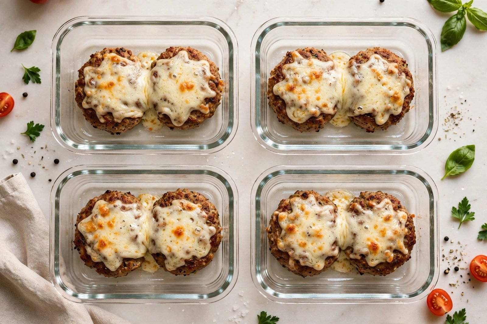Glass meal-prep containers with cooked turkey burger patties