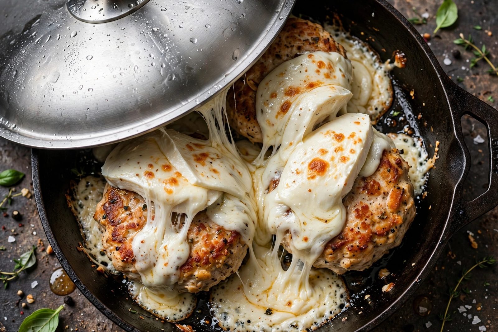 Fresh mozzarella melting over seared turkey patties in a skillet