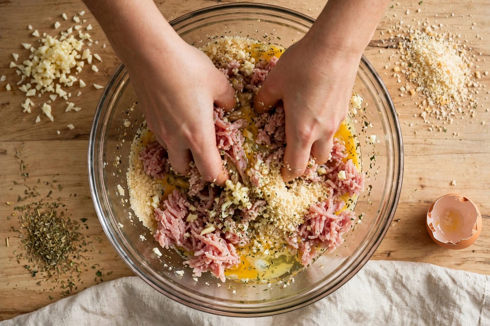 Hands mixing ground turkey with breadcrumbs, egg, garlic, and Italian seasoning in a bowl