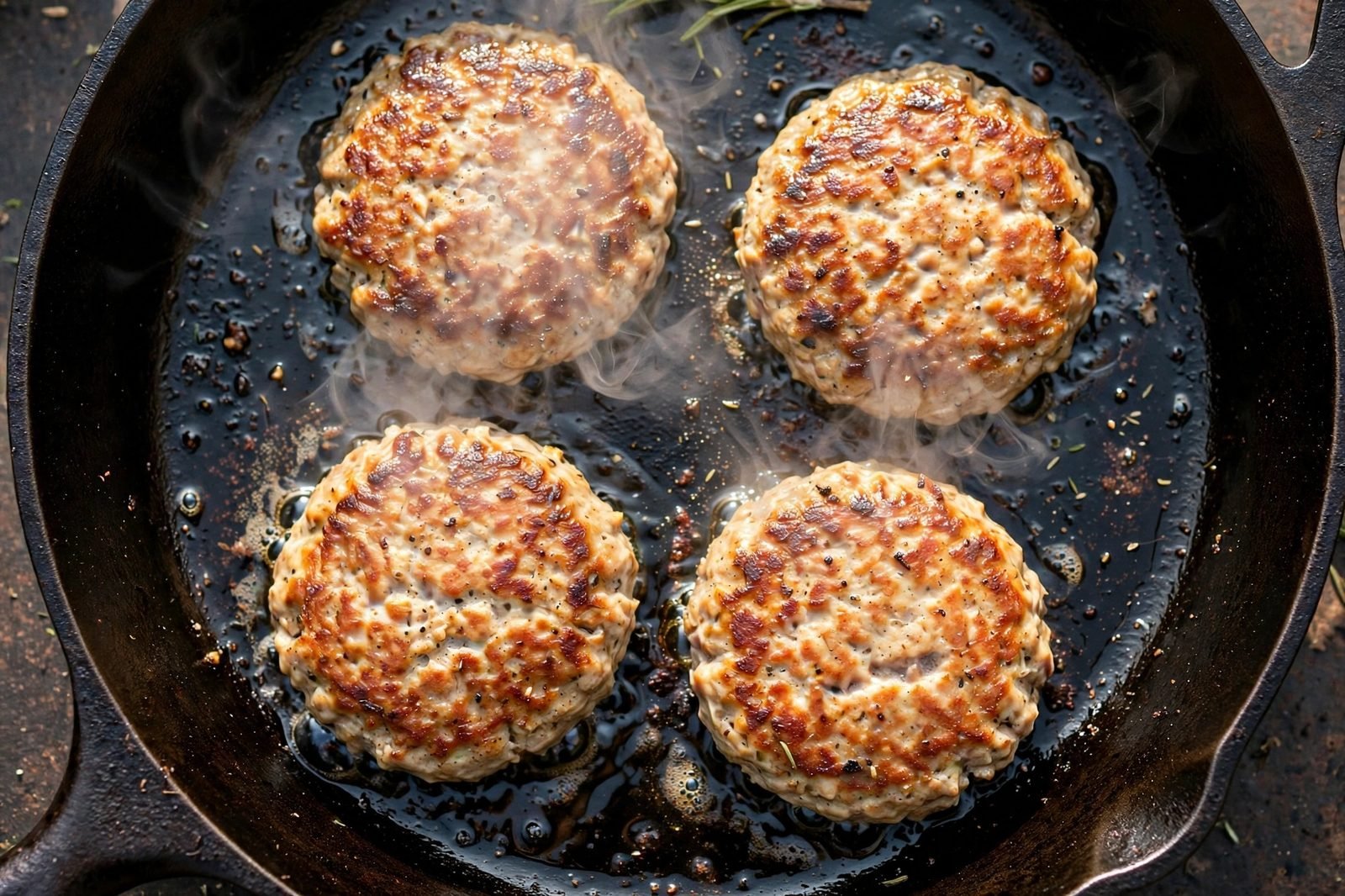 Turkey patties searing golden in a large skillet