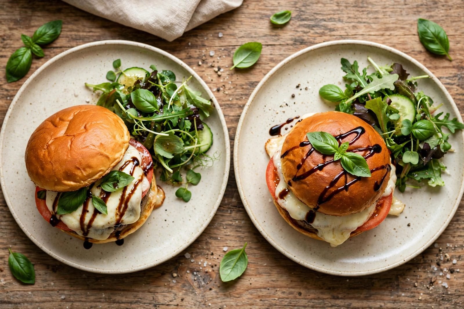 Two Caprese turkey burgers plated with a side salad