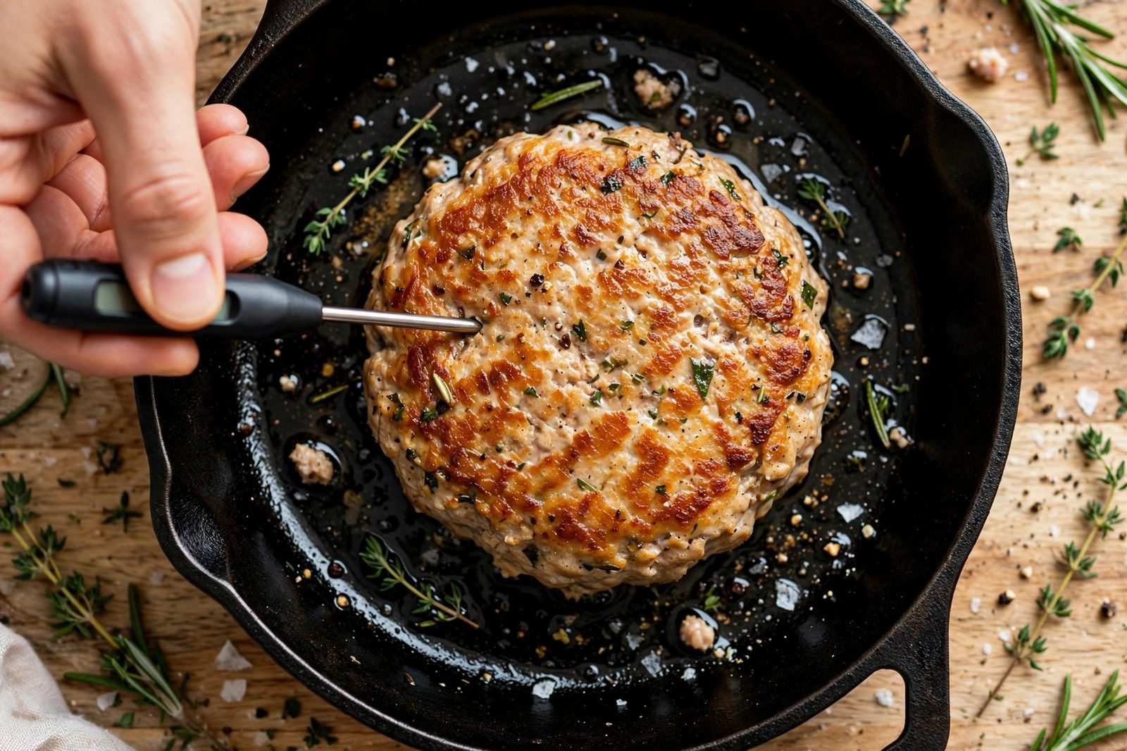 Instant-read thermometer checking a turkey burger patty in the skillet