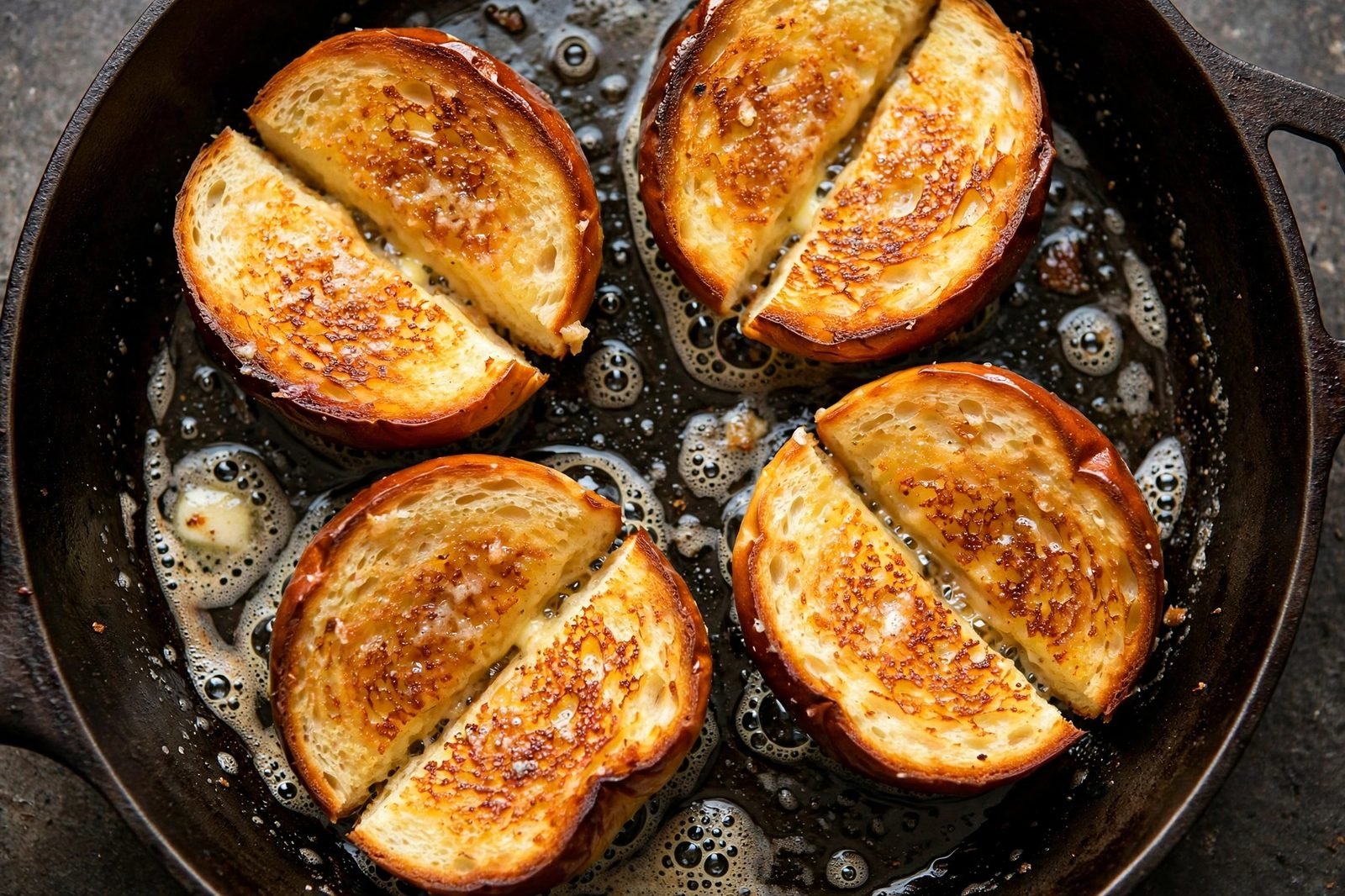 Brioche buns toasting cut-side down in a hot skillet