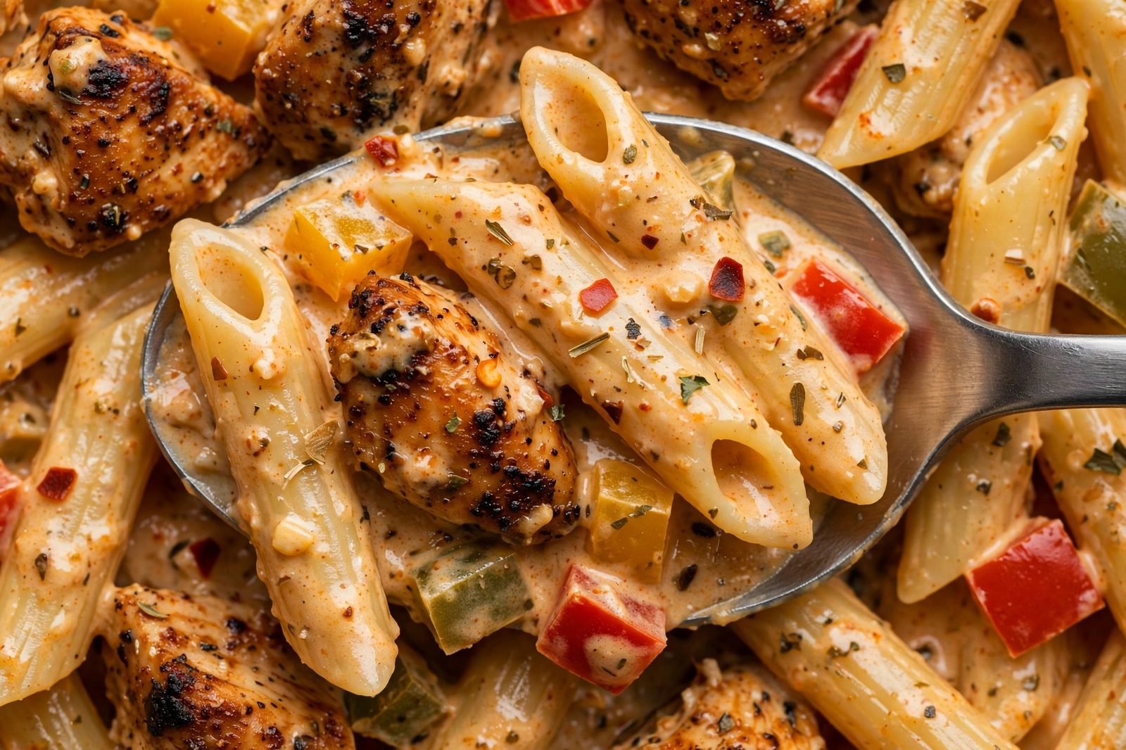 Close-up of a spoonful of creamy Cajun chicken pasta with chicken and peppers