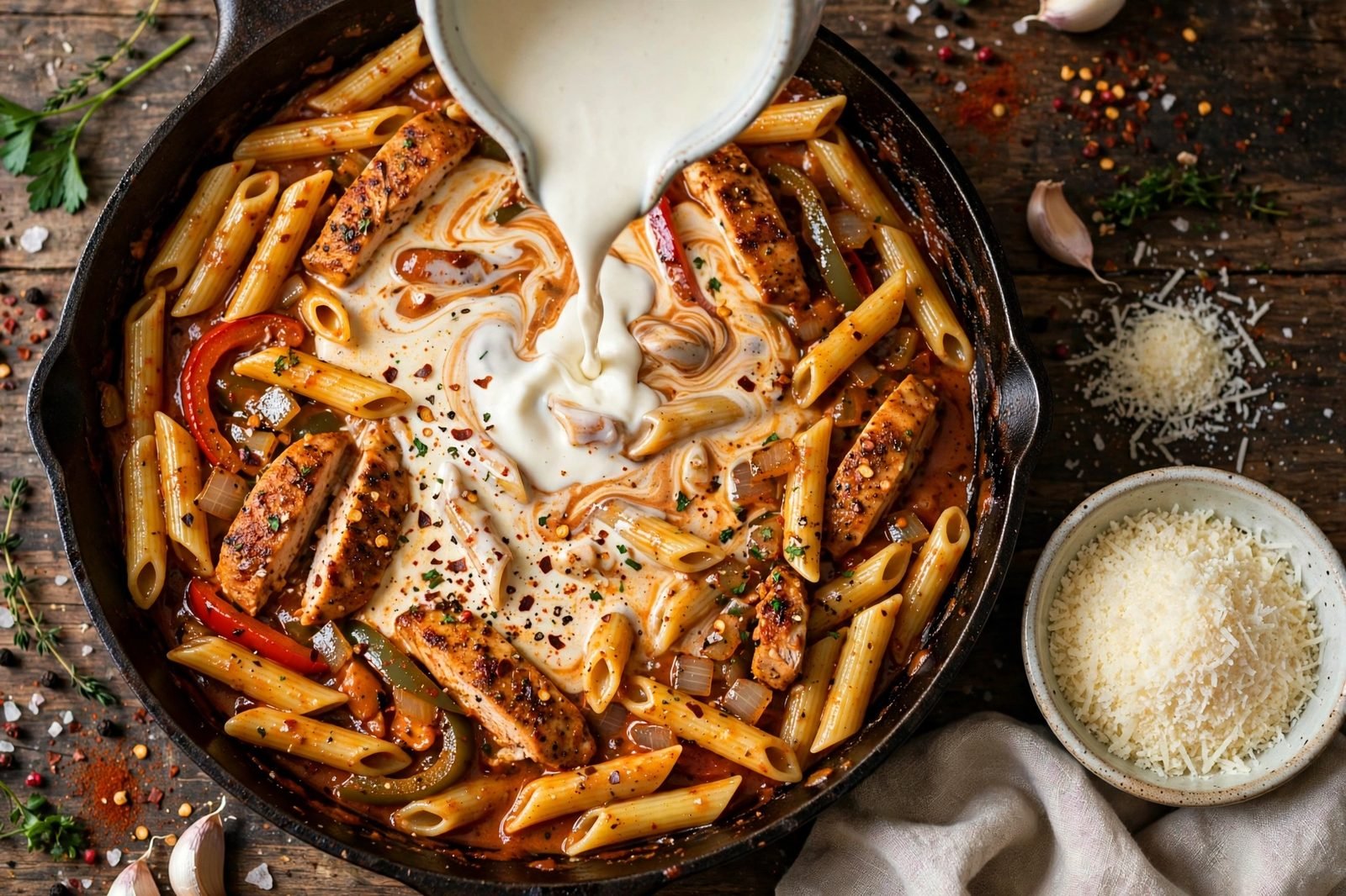 Heavy cream poured into a skillet of Cajun chicken pasta with Parmesan