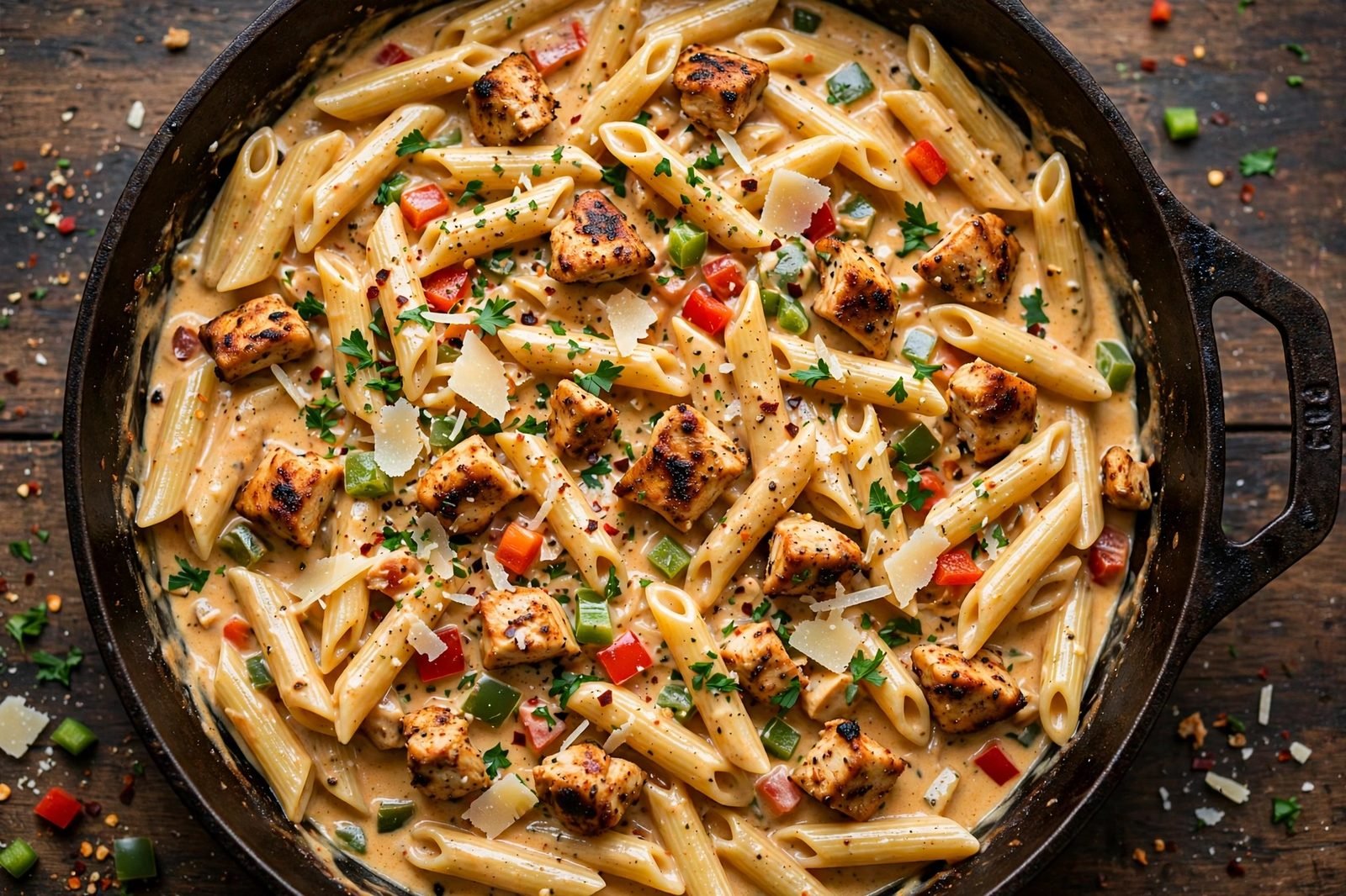 Overhead of creamy Cajun chicken pasta with penne, Cajun-seasoned chicken, bell peppers, and Parmesan in a skillet