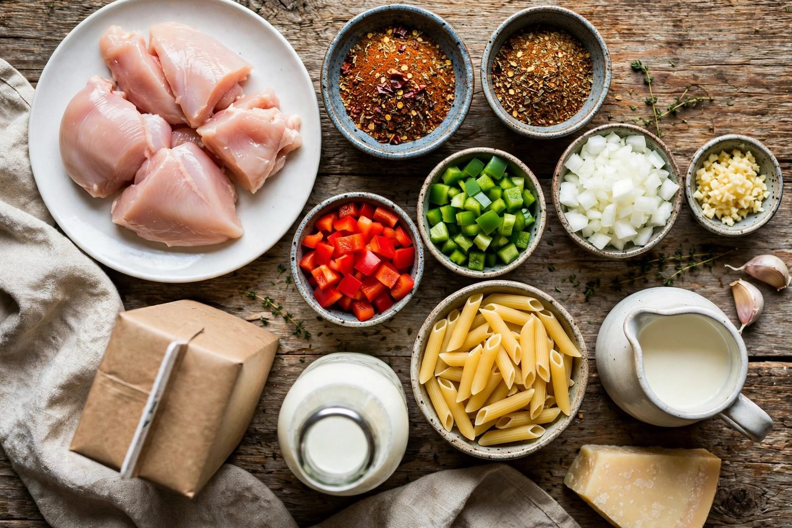 Ingredients for creamy Cajun chicken pasta arranged on a kitchen counter