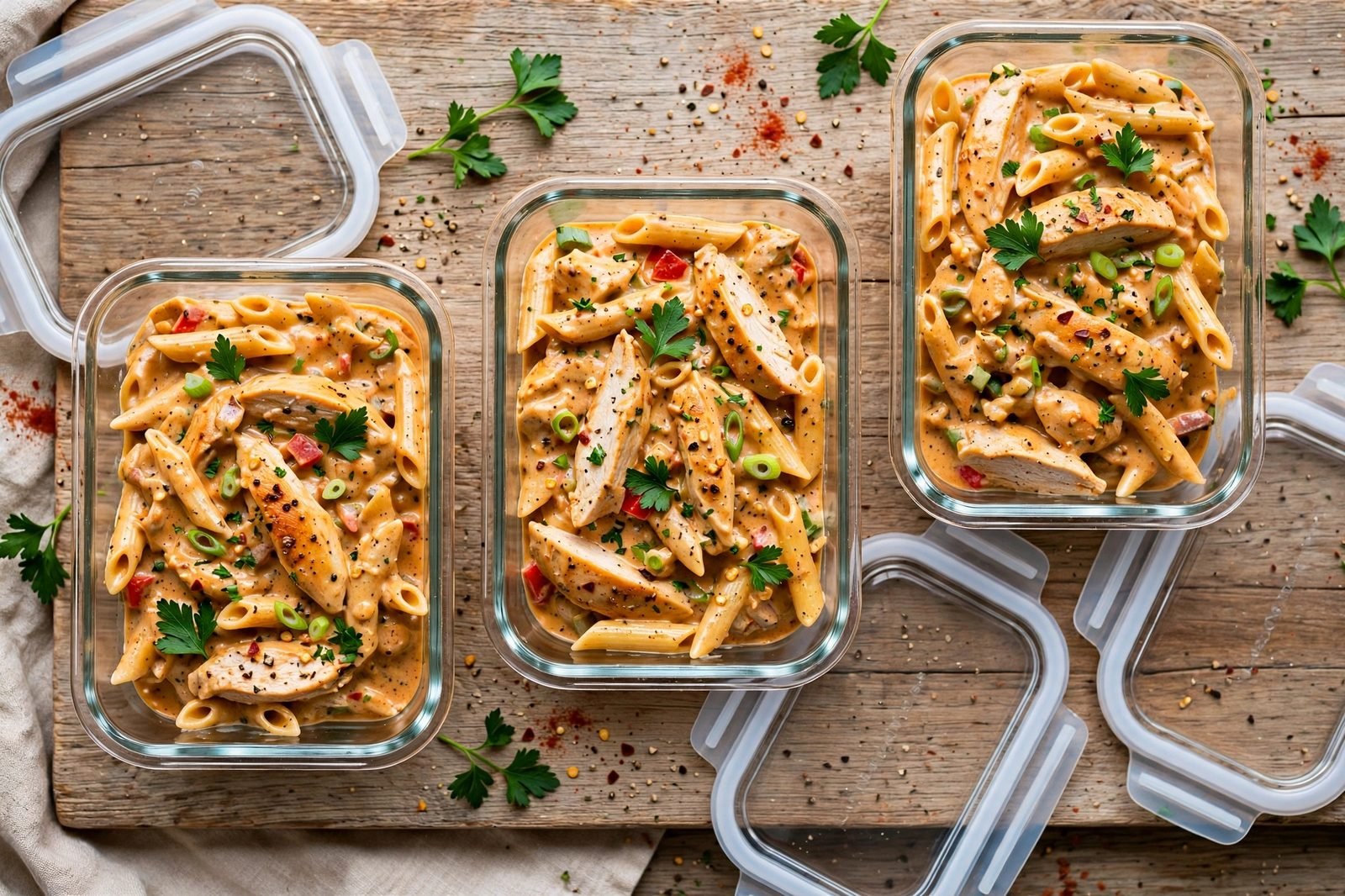 Glass meal-prep containers filled with creamy Cajun chicken pasta