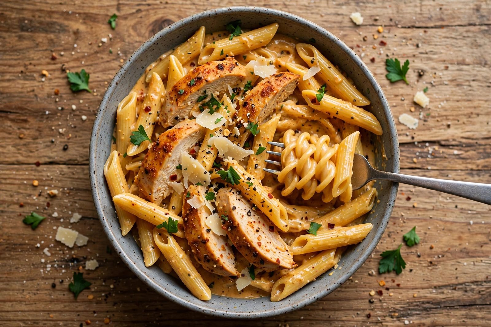 Overhead bowl of creamy Cajun chicken pasta with a fork twirling penne