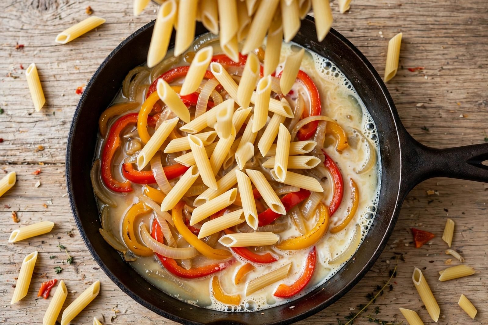 Uncooked penne added to a skillet with peppers, broth, and milk