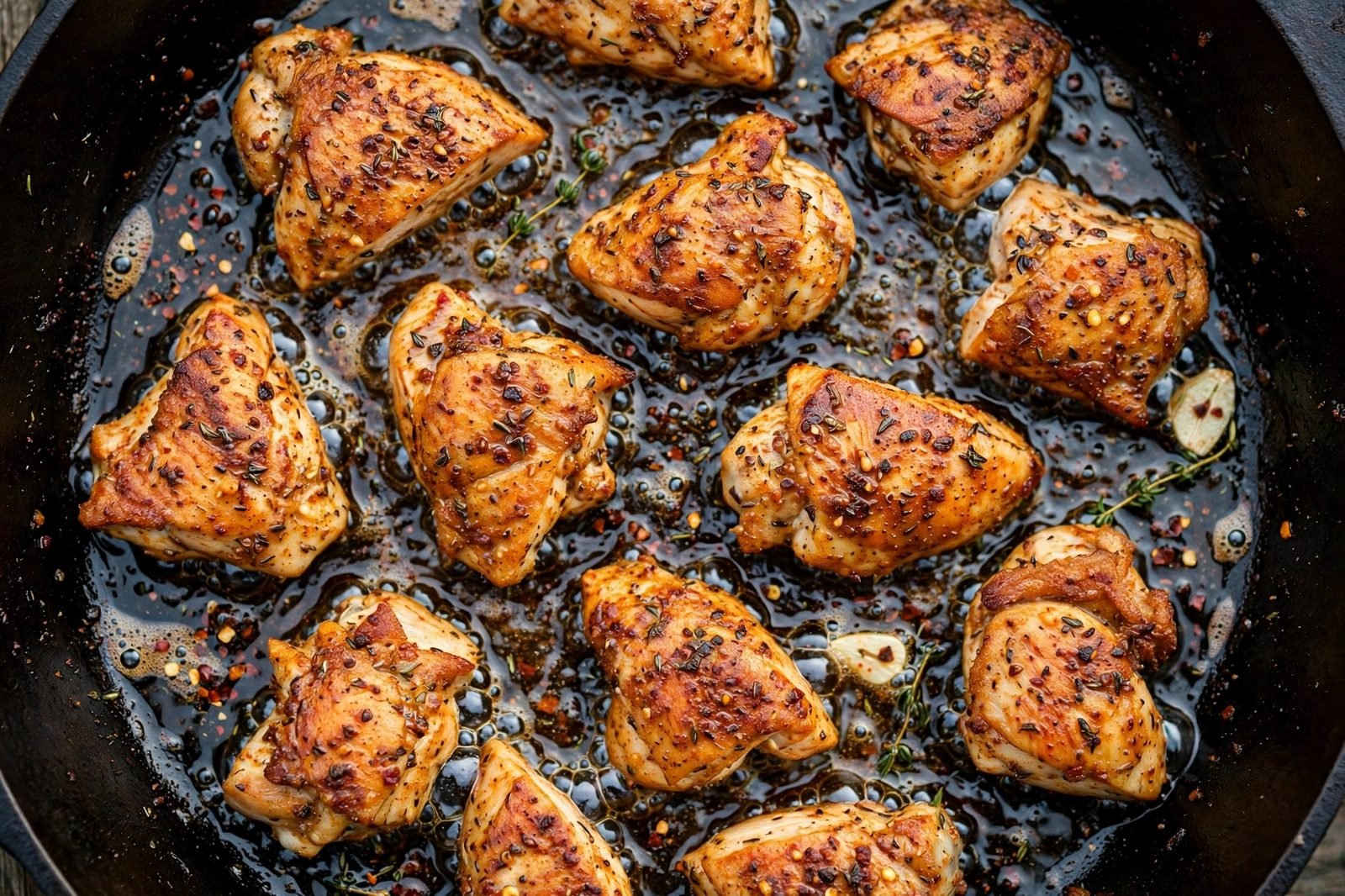 Cajun-seasoned chicken pieces searing golden in a large skillet