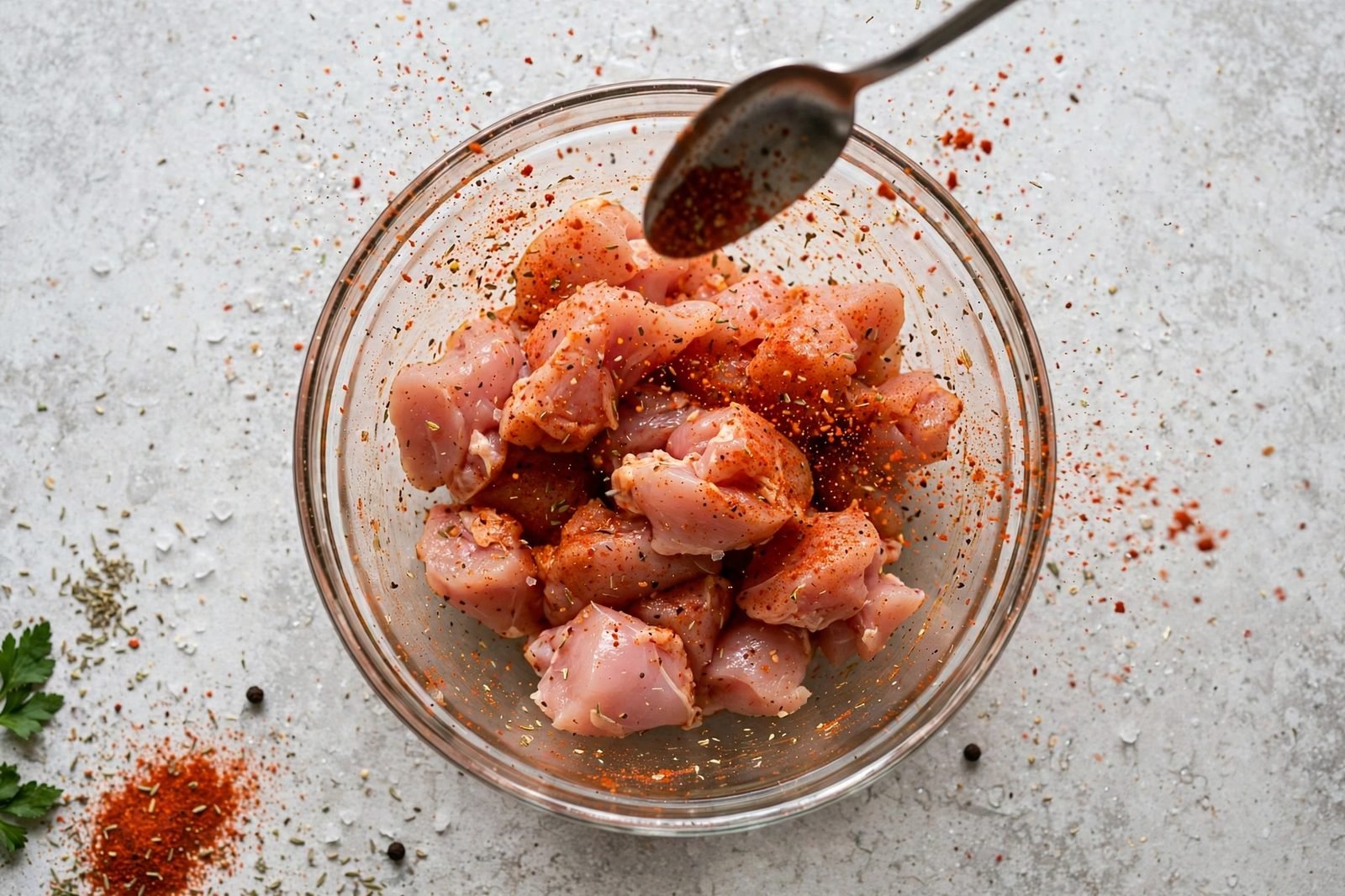 Raw chicken pieces tossed with Cajun seasoning in a bowl
