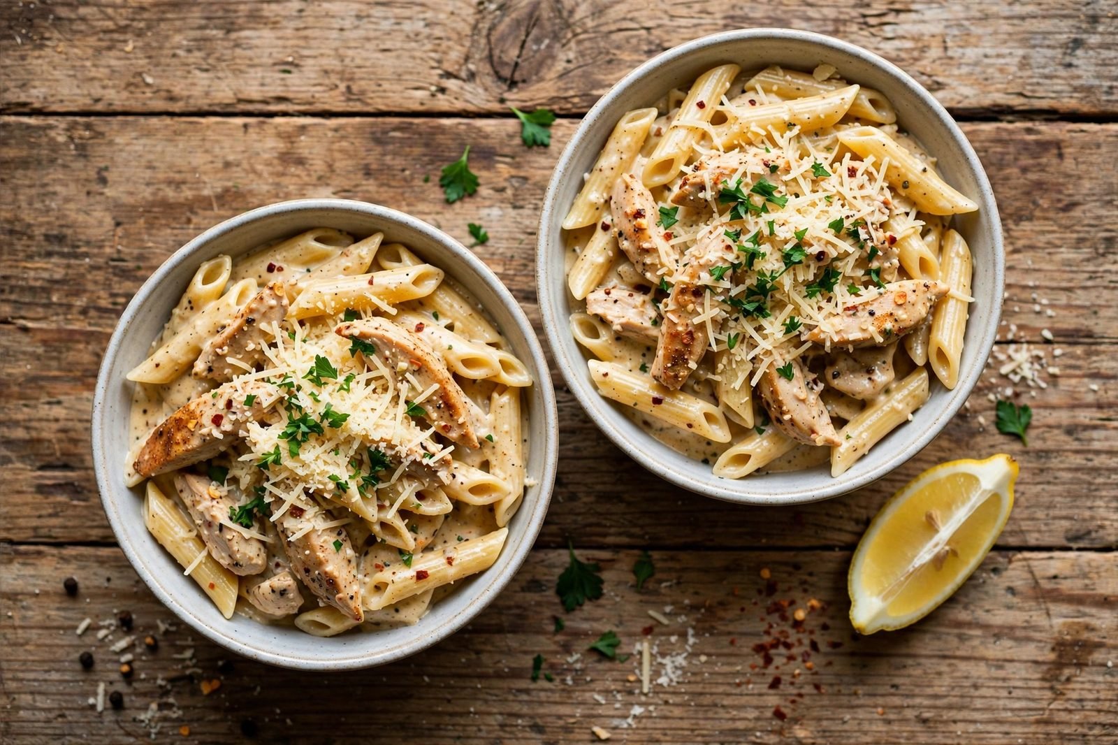 Two bowls of creamy Cajun chicken pasta topped with parsley and Parmesan
