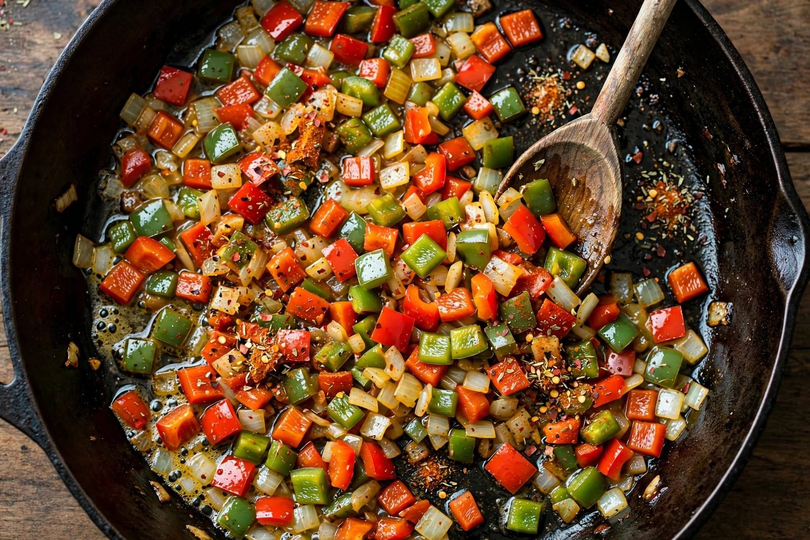 Diced bell peppers and onion softening in a skillet with a wooden spoon