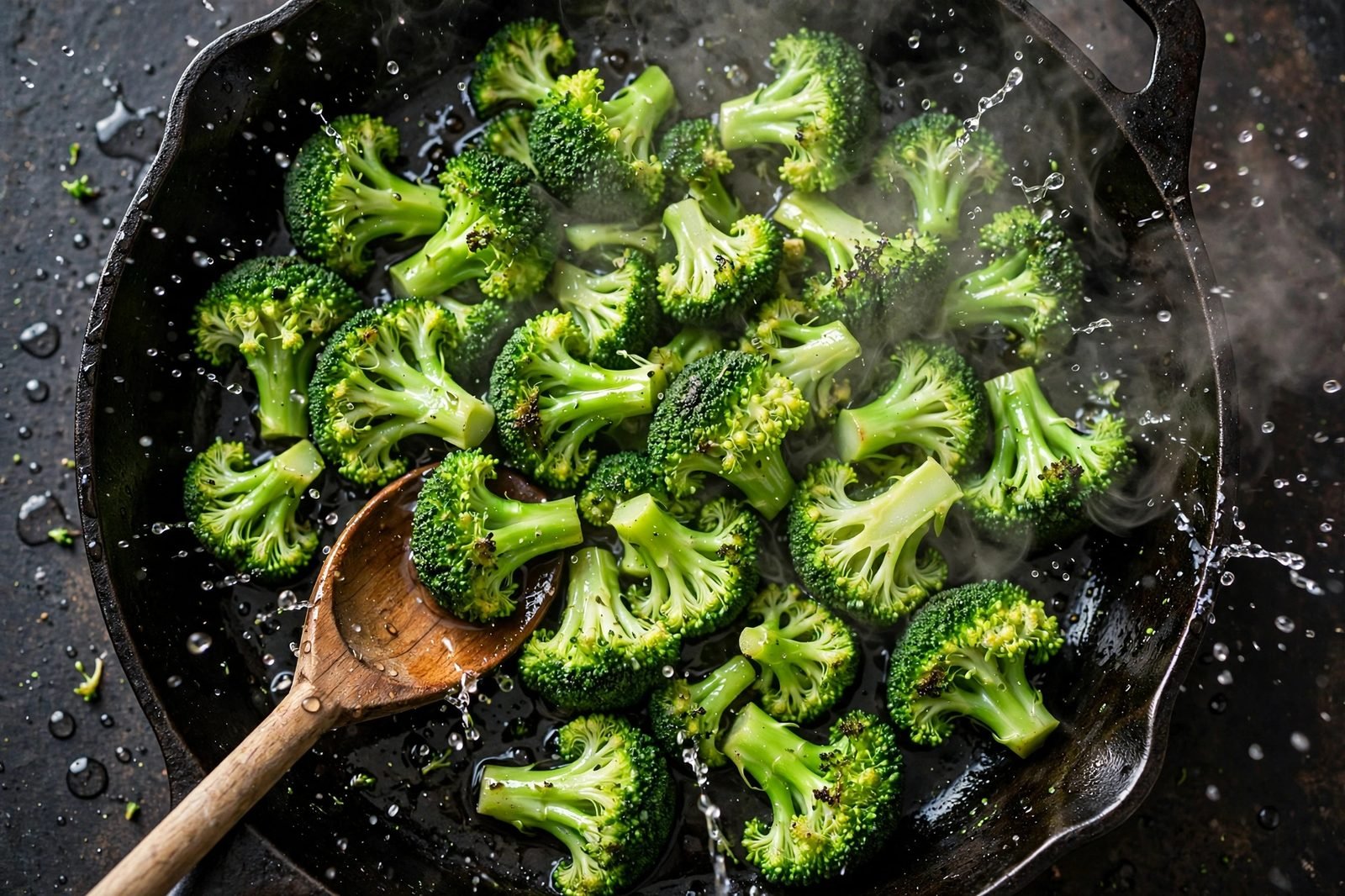 Bright green broccoli florets steaming in the skillet