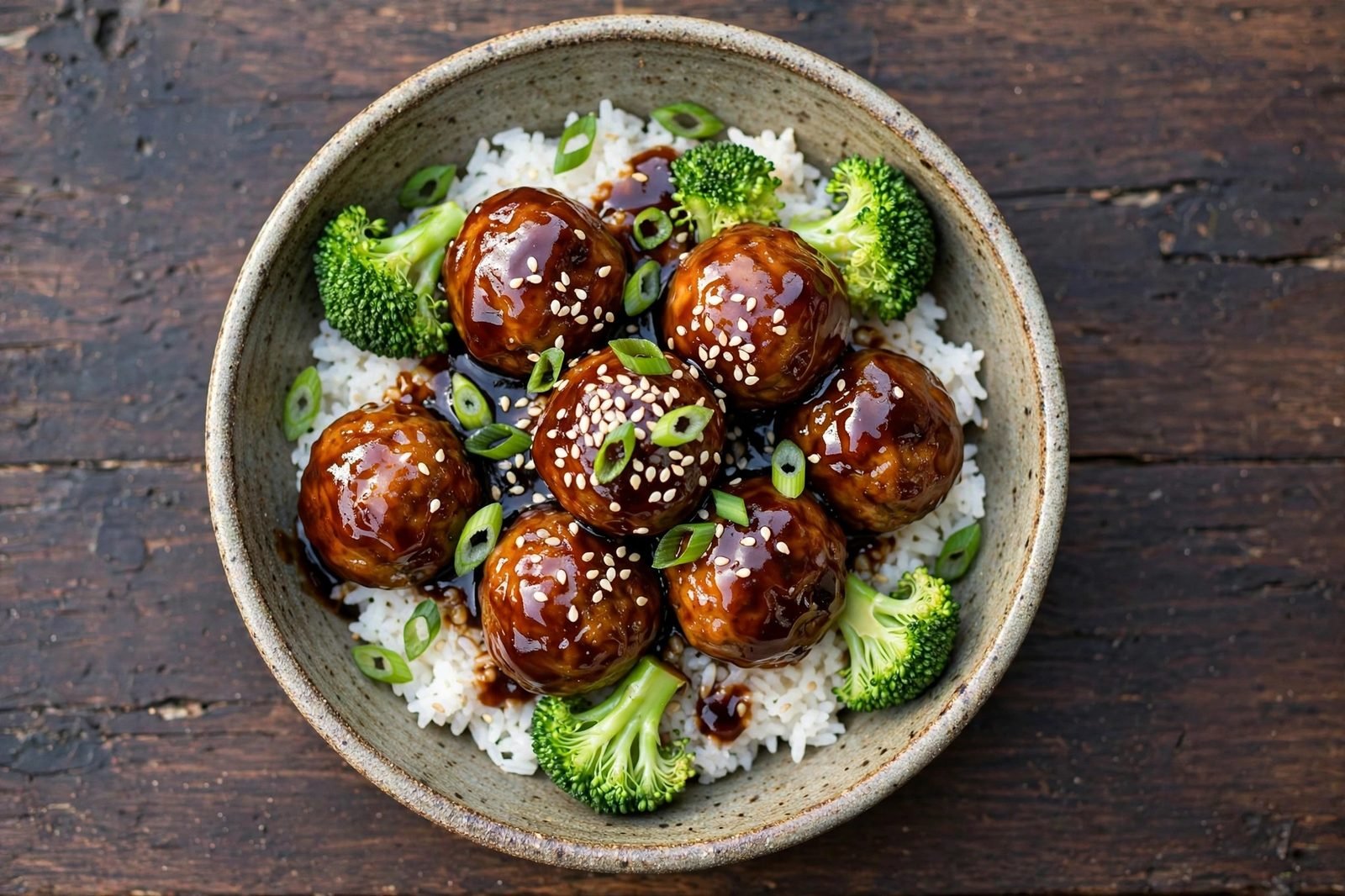 Overhead of glazed teriyaki turkey meatballs over jasmine rice with broccoli, sesame seeds, green onions