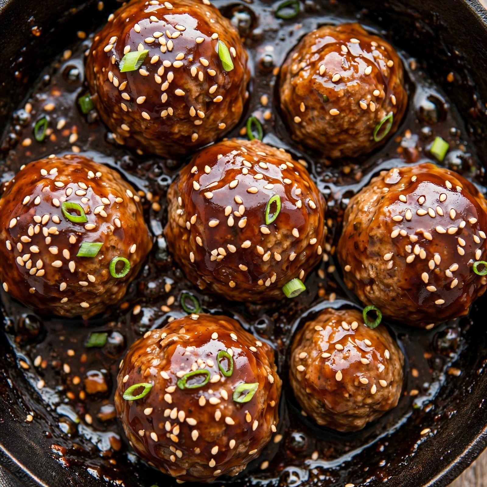 Close-up of glossy teriyaki-coated meatballs in the skillet