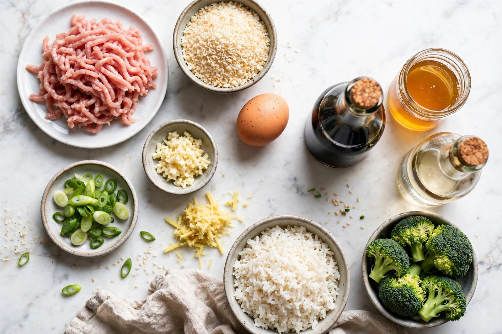 Ground turkey, panko, egg, green onions, garlic, ginger, soy sauce, honey, rice vinegar, broccoli, jasmine rice on a counter