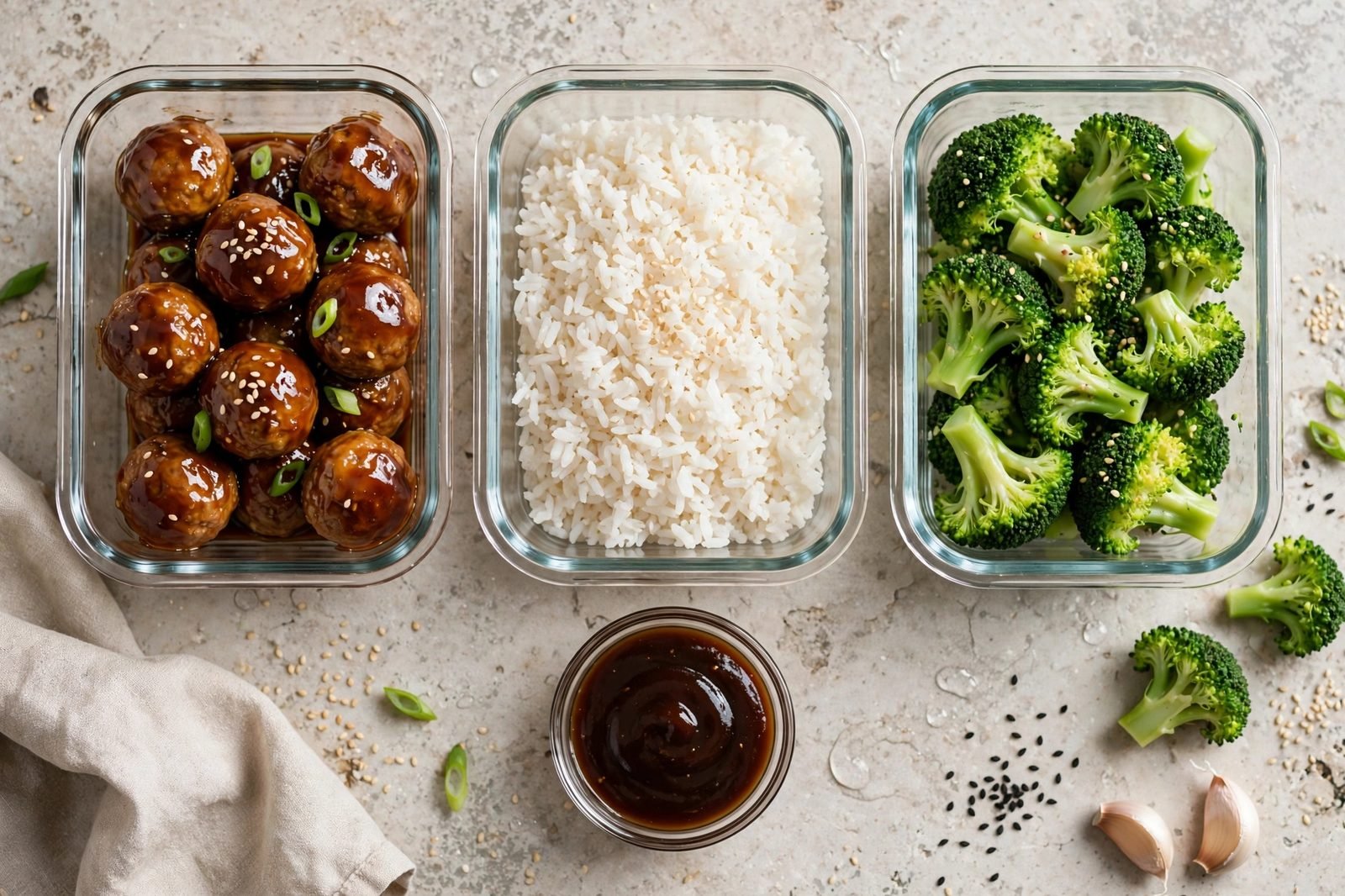 Glass containers of meatballs, rice, and broccoli with sauce