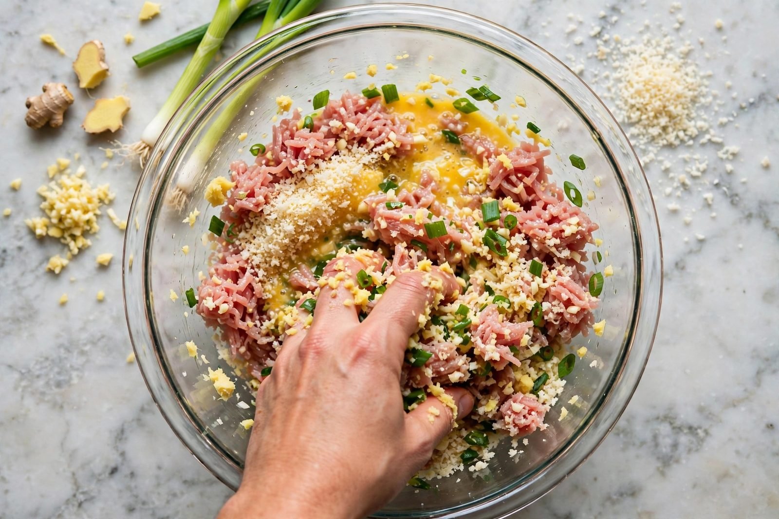 Ground turkey with panko, egg, and aromatics being mixed in a bowl