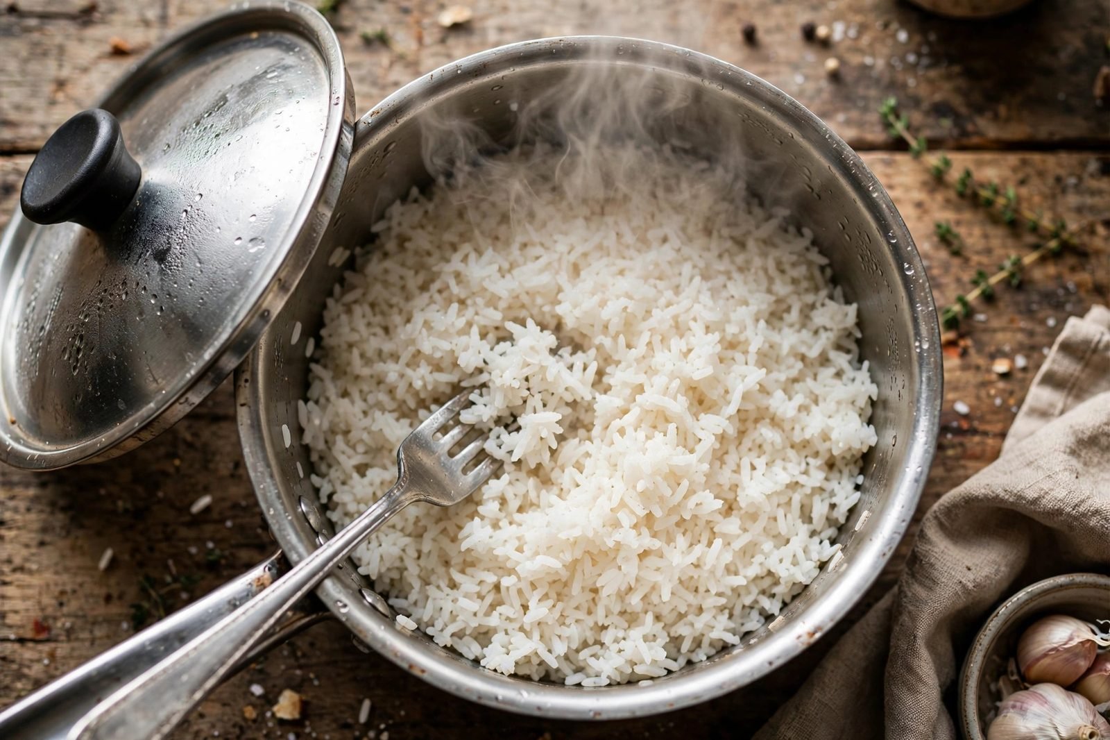 Fluffy jasmine rice in a saucepan, lid askew, steam rising