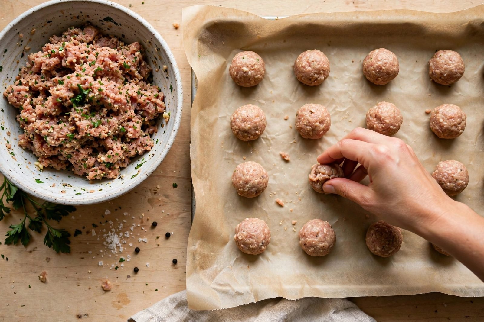 Hands rolling small meatballs on a tray